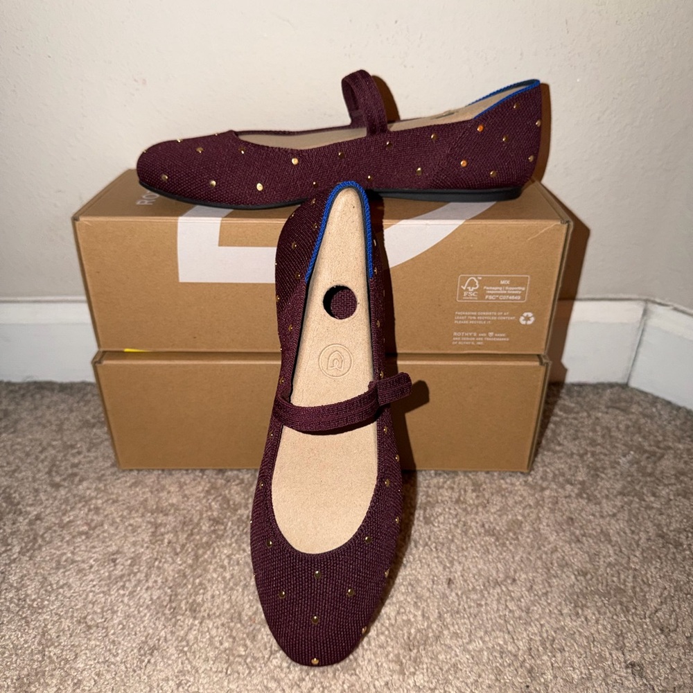 Women's Burgundy Mary Jane Ballet Flats with Gold Dot Accents